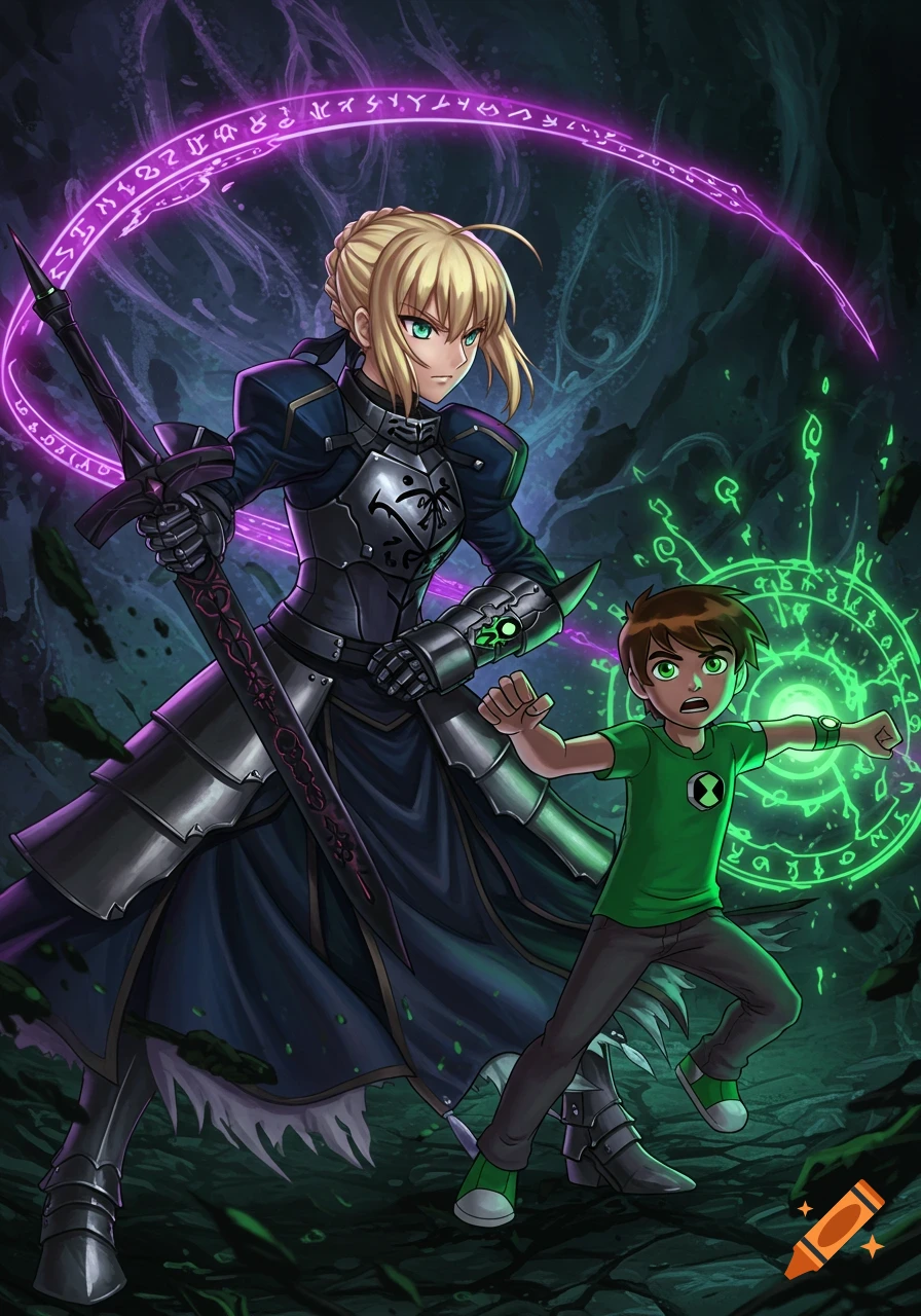 Artoria Pendragon Alter in dark armor, holding Excalibur Morgan, stands protectively behind Ben Tennyson, who is conjuring green magic, against a dark, magical background.