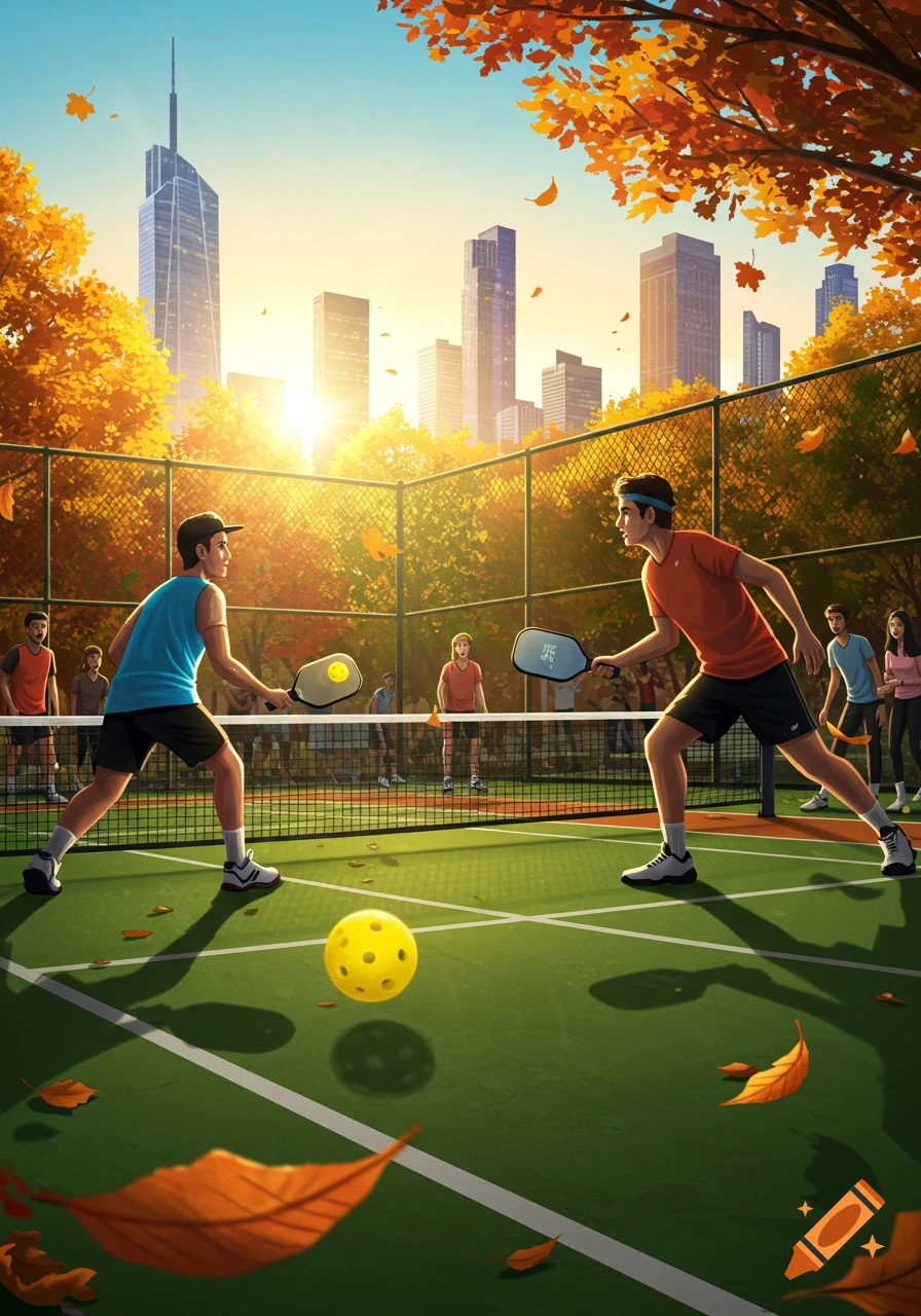 Stylized illustration of two men playing pickleball on an outdoor court during autumn with a city skyline.