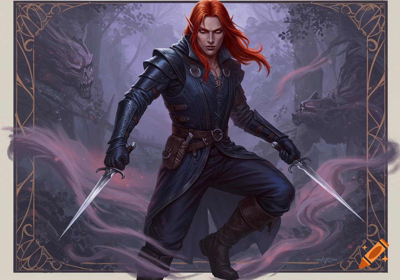 Fantasy painting of a red-haired male elf rogue in dark blue gear, holding daggers, in a misty forest.