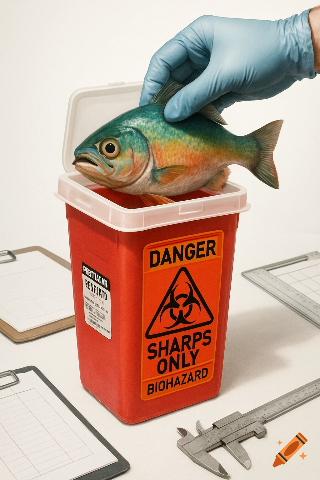 A gloved hand disposes of a colorful fish into a red biohazard sharps container. Laboratory equipment is scattered on a white background.
