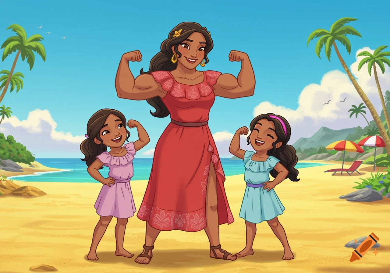Cartoon of a strong mother and her two daughters flexing muscles on a tropical beach.