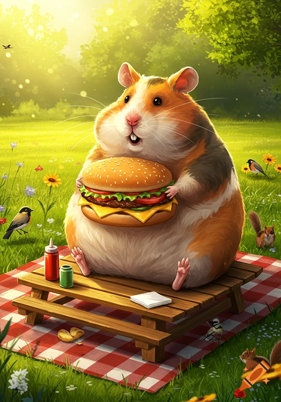 A very fat, cartoon hamster sits at a picnic table in a sunny park, happily eating a large burger.