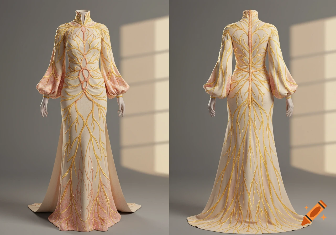 Front and back view of an intricate cream and gold dress with flowing branch-like patterns and puffy pink sleeves on a headless mannequin.