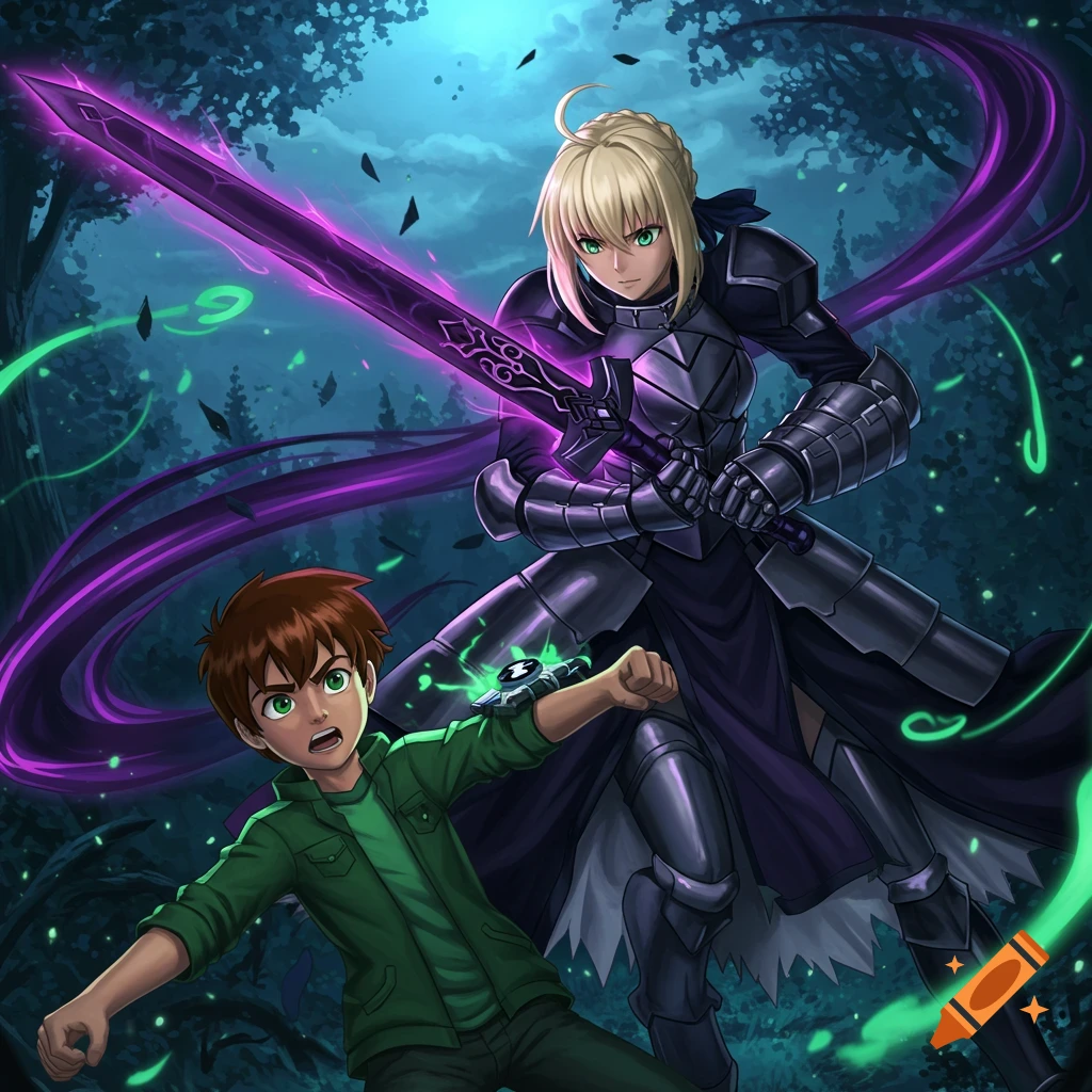 Artoria Pendragon Alter in dark armor strikes Ben Tennyson's Ultimatrix with a glowing purple sword in a dark forest, anime style.
