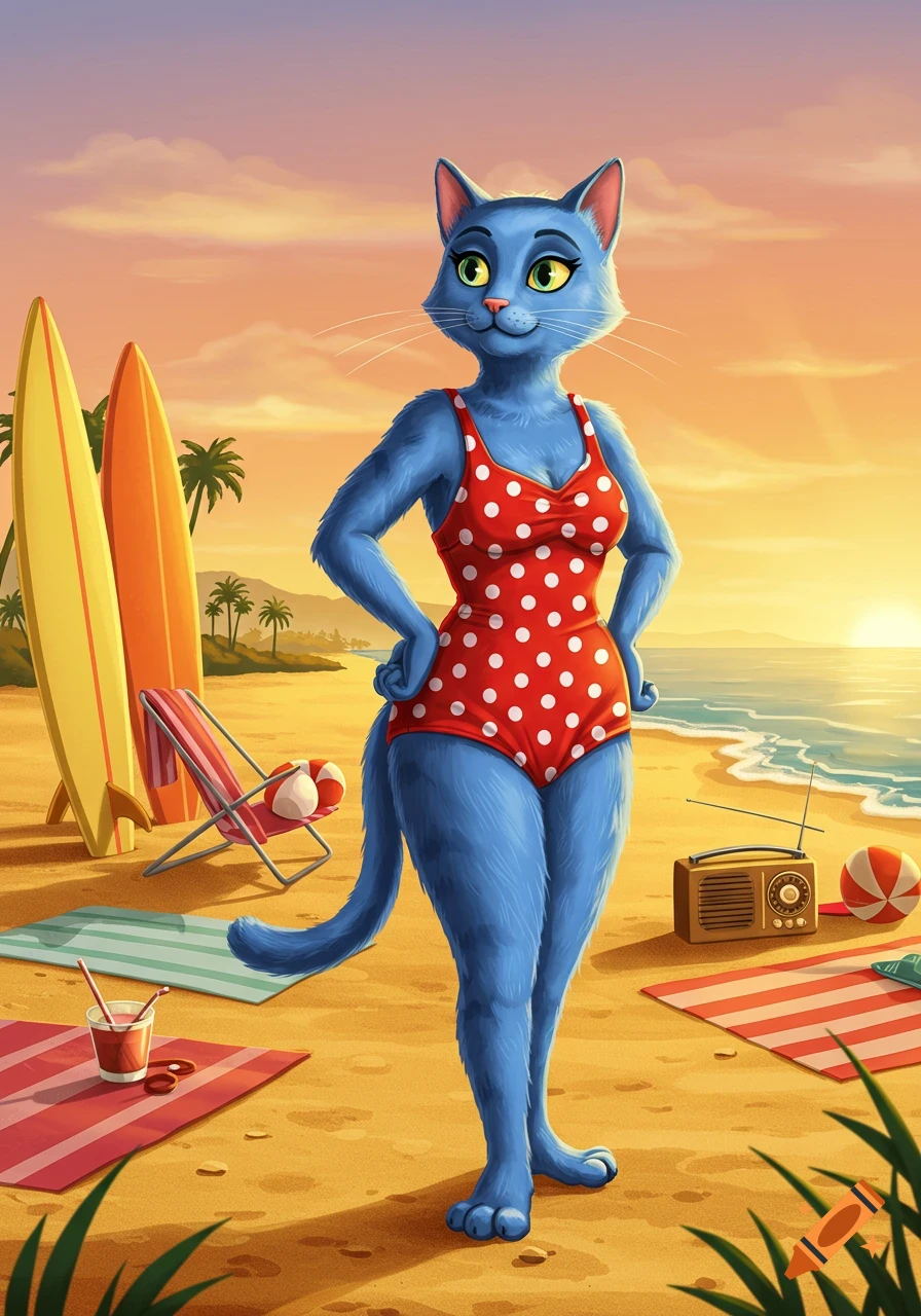 A blue anthropomorphic cartoon cat in a red polka-dot swimsuit stands on a sunny beach with surfboards and a radio in the background.