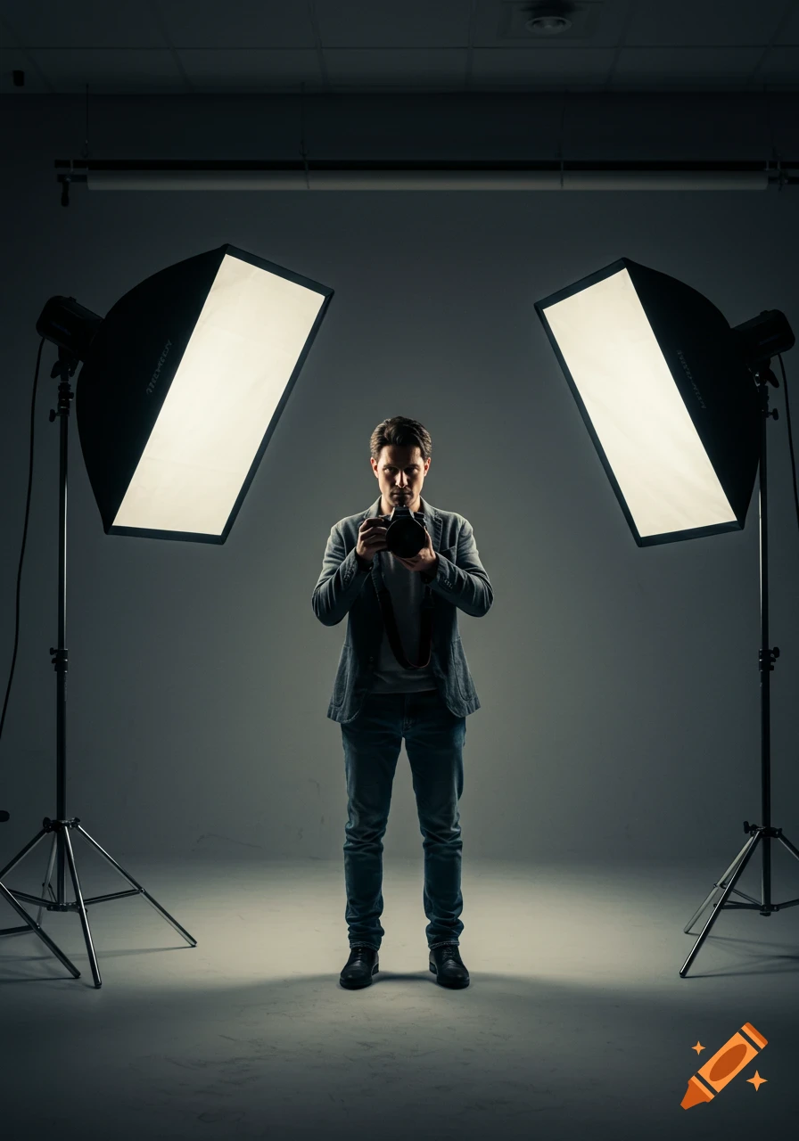 A male photographer in a studio, holding a DSLR camera, illuminated by two large softbox lights.