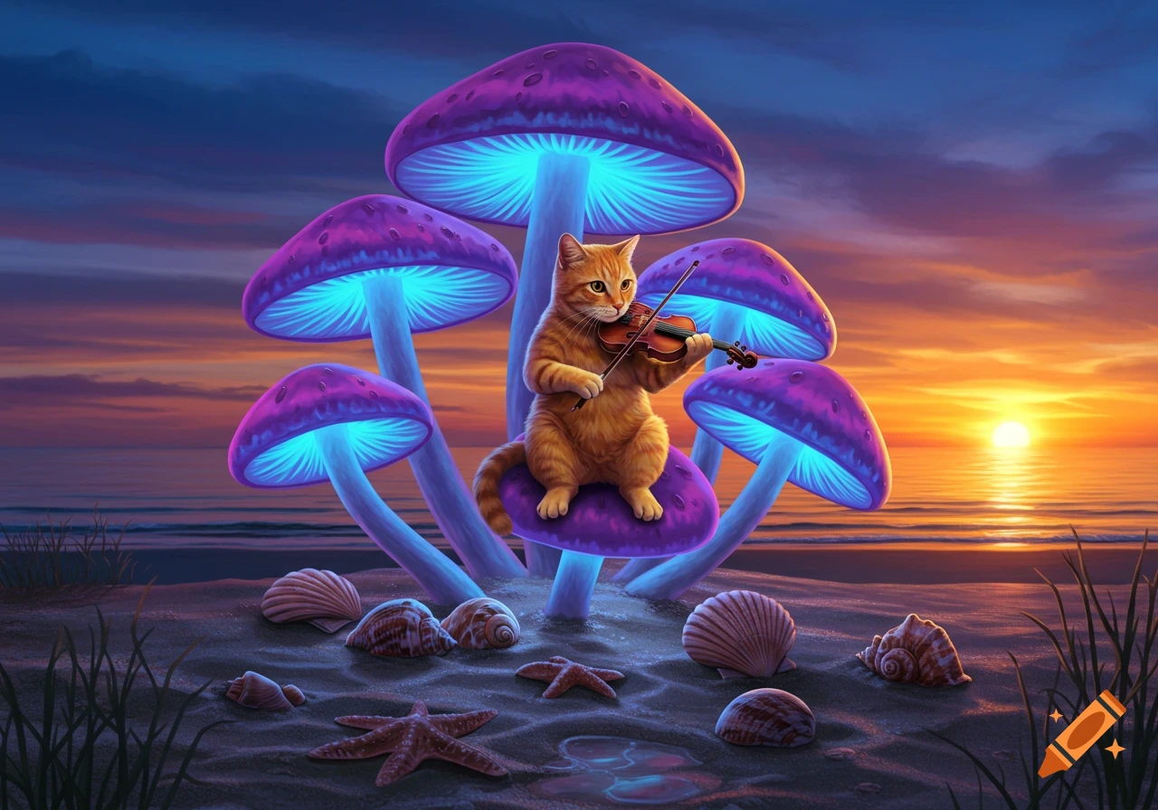 An orange tabby cat plays a violin while sitting on a glowing purple mushroom on a beach with shells and starfish at sunset.