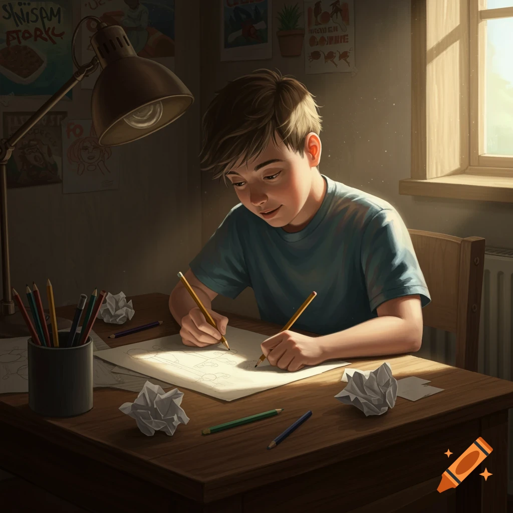 A young boy with Down syndrome sketches intently at a desk, surrounded by pencils and crumpled papers in a sunlit room.