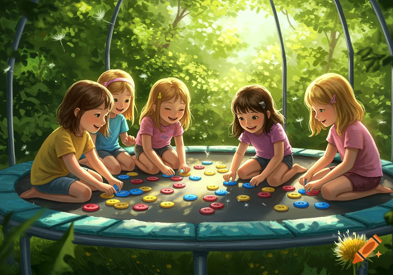 Five young girls happily playing with colorful buttons on a trampoline in a sunlit, green outdoor setting.