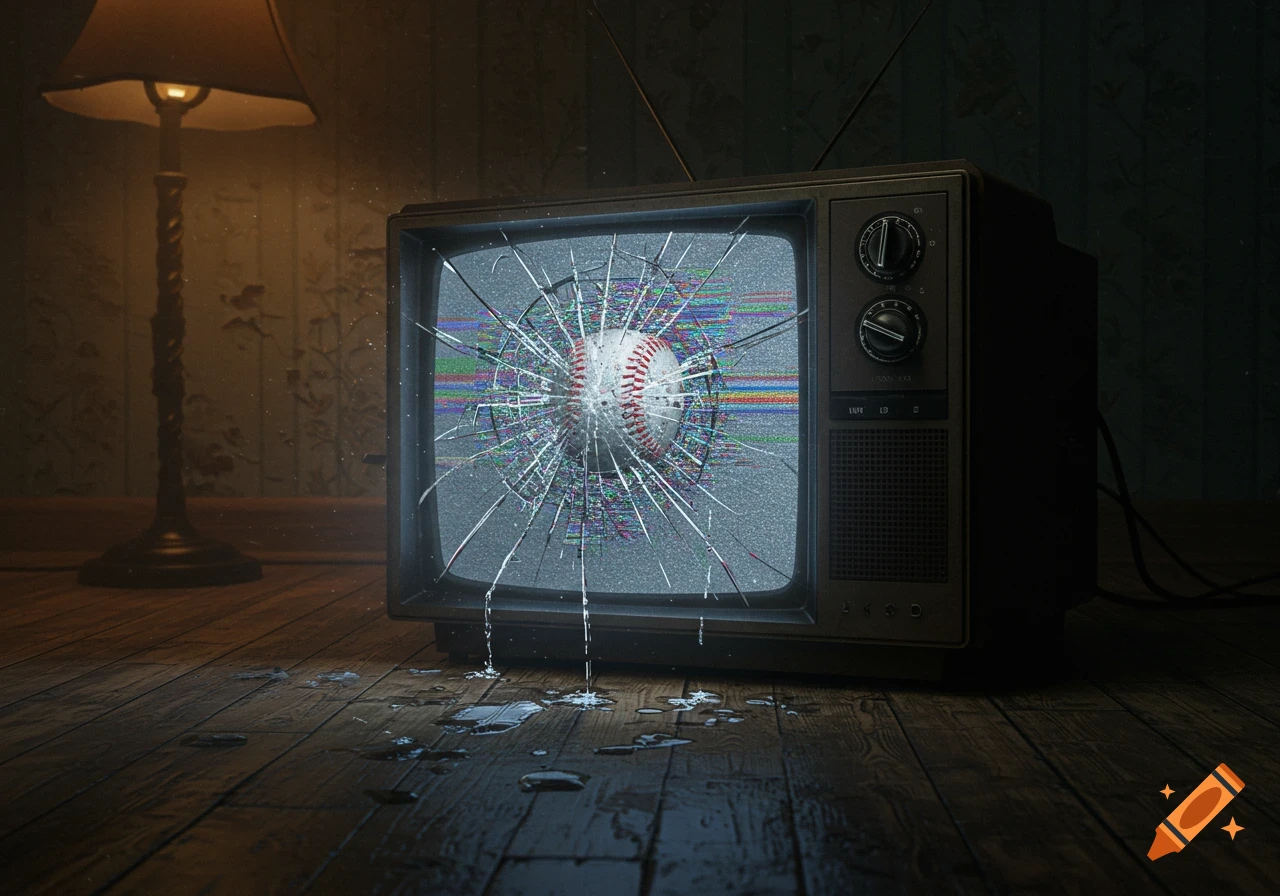 A baseball shatters an old television screen, with water dripping onto a wooden floor in a dimly lit room.