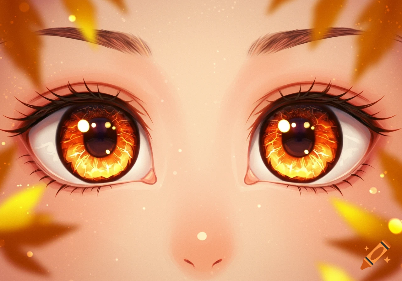 Close-up of anime character's glowing orange and yellow fiery eyes with dark pupils and long eyelashes.