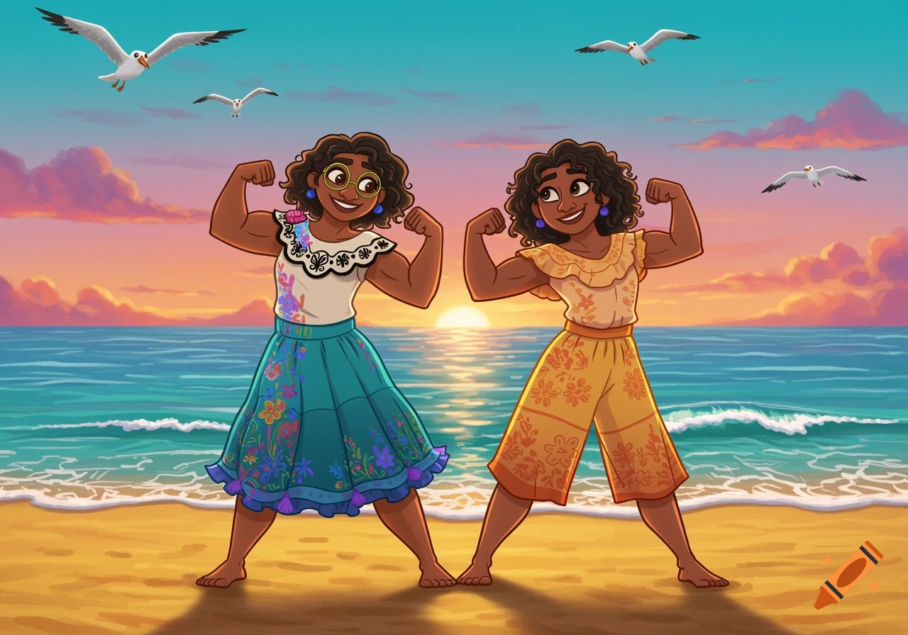 Cartoon of Mirabel and her mother from Encanto flexing muscles on a beach at sunset.