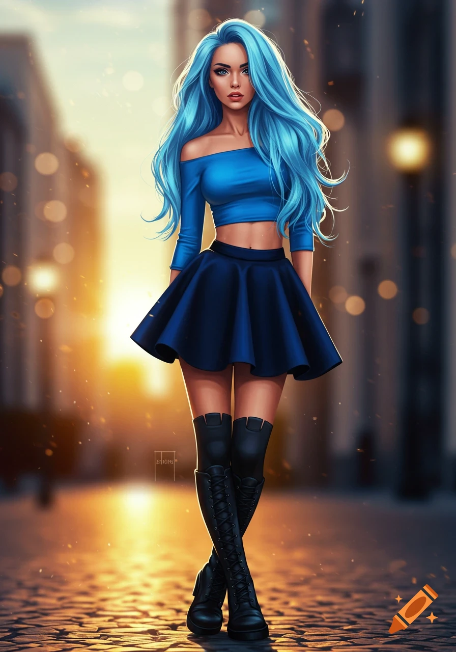 A stylized woman with long blue hair, wearing a blue crop top, black skirt, and knee-high boots, standing on a cobblestone street.