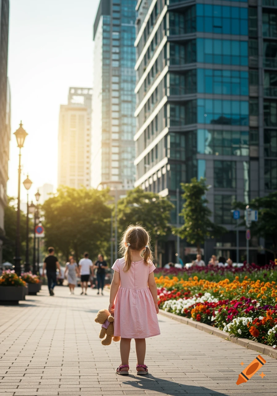 A little girl in a pink dress holds a teddy bear, walking away on a city street lined with flowers and modern buildings under sunlight.
