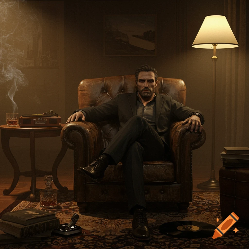 Photorealistic portrait of a man in a suit in a dimly lit room, with a drink, smoke, and a record player.