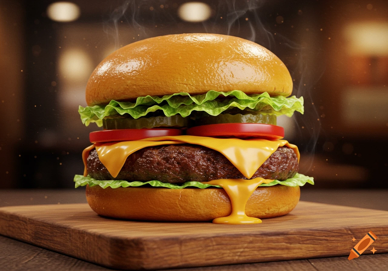 A close-up, photorealistic image of a steaming burger with melted cheese, lettuce, tomato, and pickles on a wooden board.