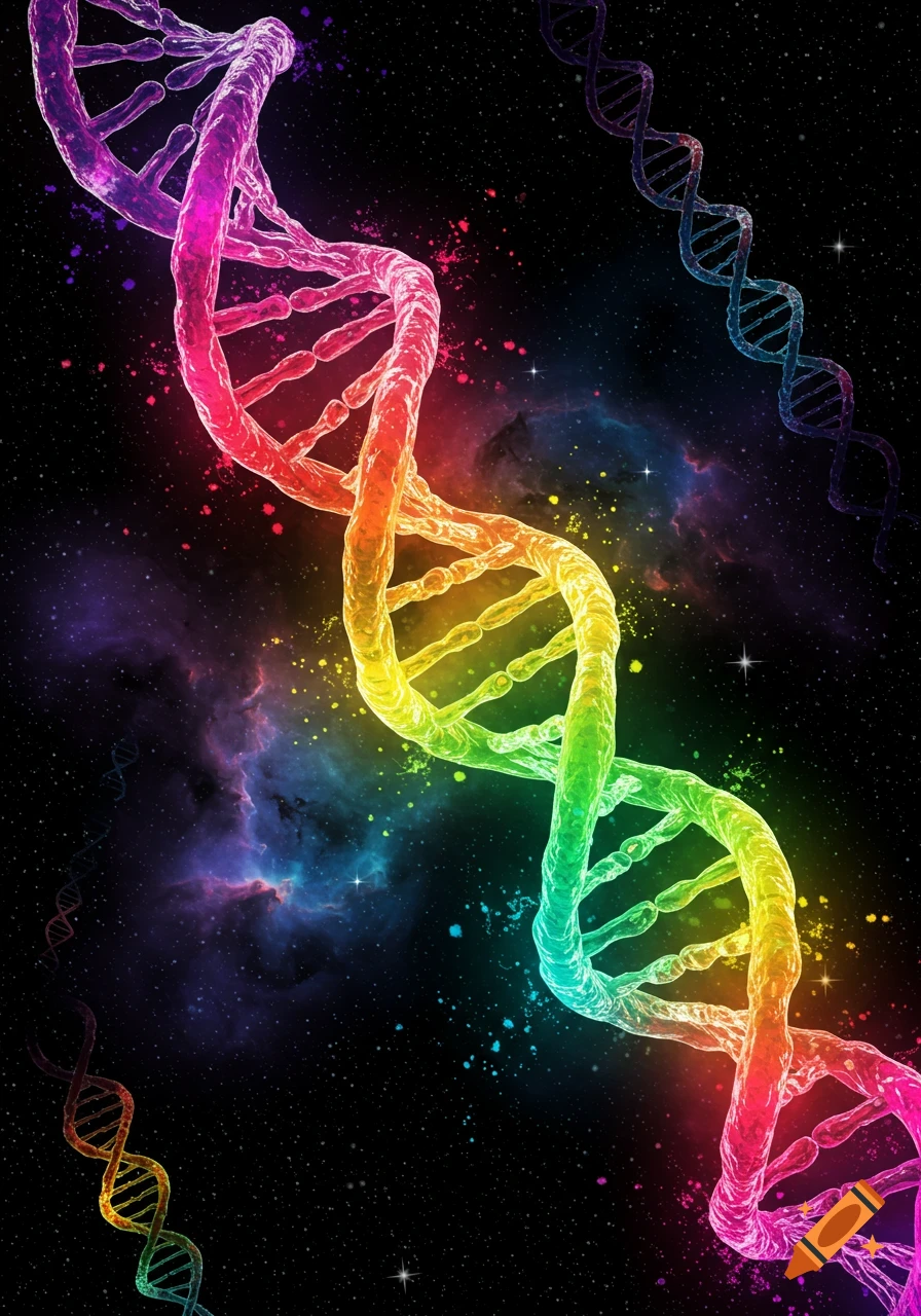 Vibrant rainbow-colored DNA double helix strands spiraling against a dark, star-filled space background with colorful nebulae.