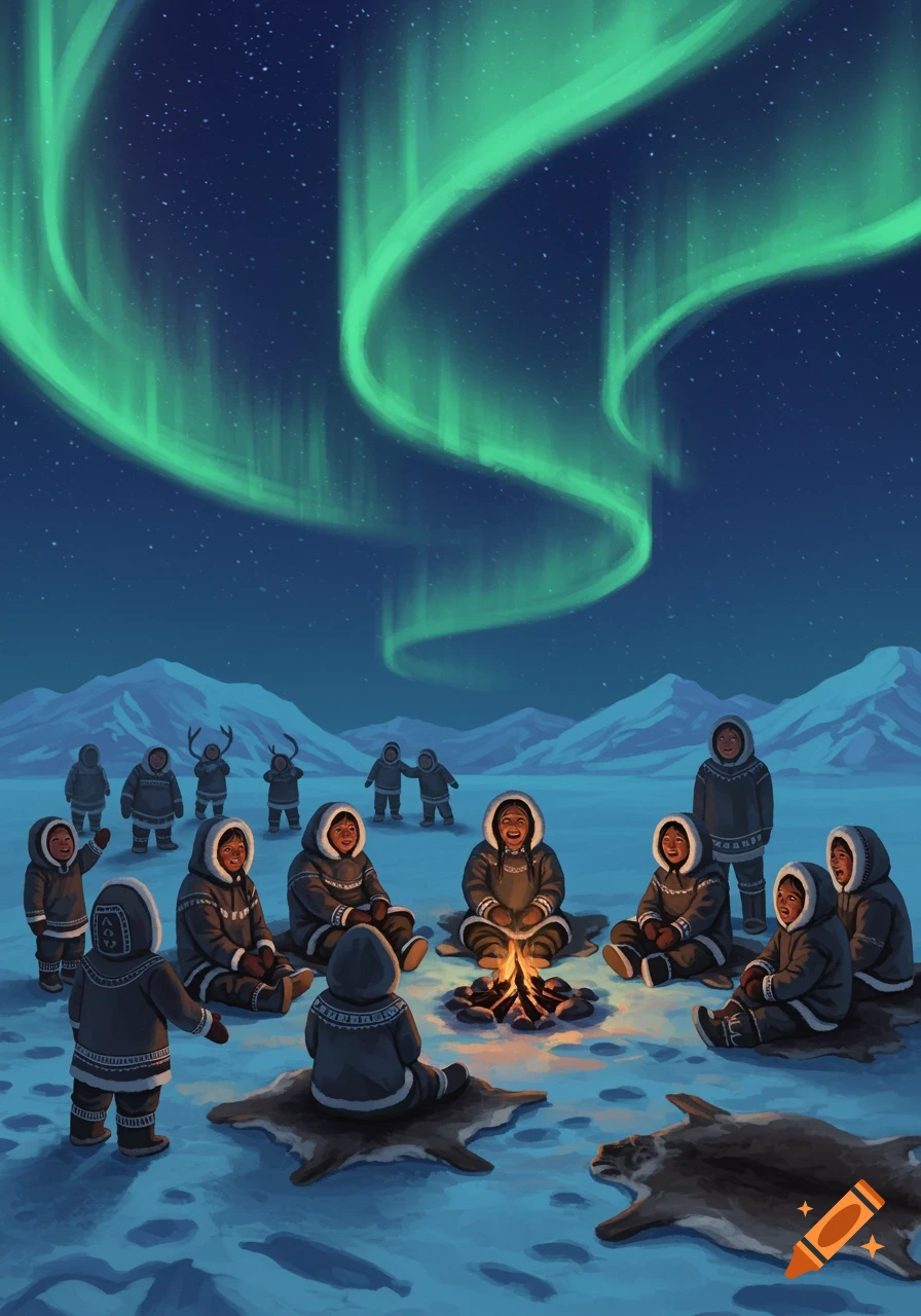 Illustrated scene of an Inuit community gathered around a campfire on a snowy plain with mountains under the vibrant green Northern Lights.