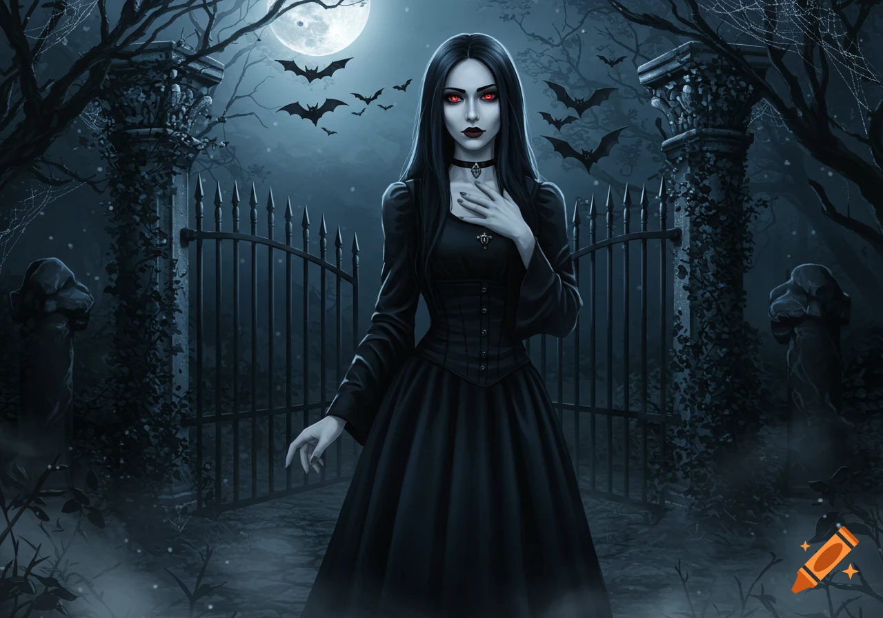 A pale, red-eyed gothic woman with long black hair in a black dress stands before an iron gate in a moonlit cemetery with bats flying, digital art.