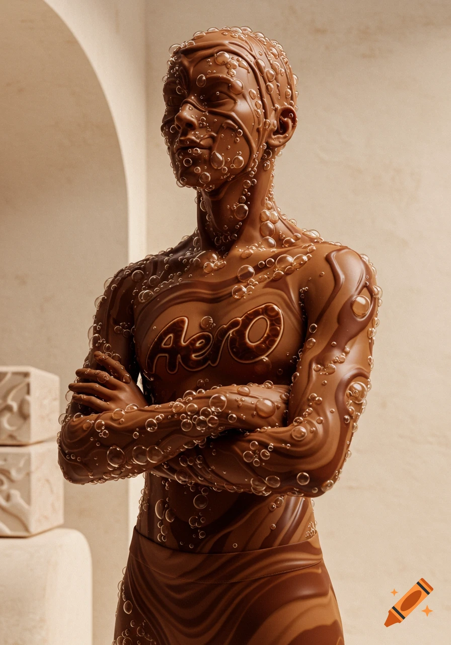 A chocolate statue of a person, covered in bubbles, with the word 'Aero' on its chest, in a minimalist setting.