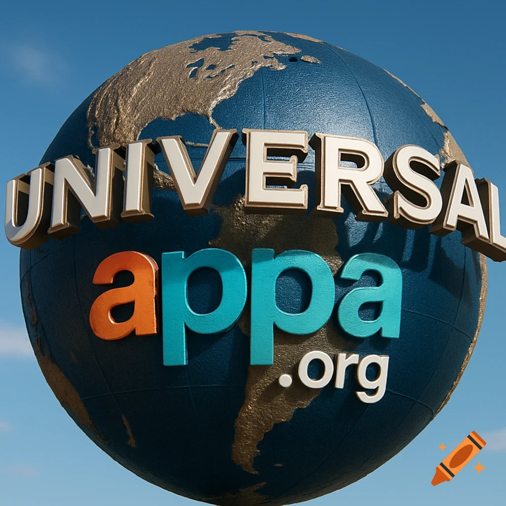 A 3D rendered blue globe with gold continents. The word "UNIVERSAL" in raised silver text arches across the top, and "appa.org" in orange and blue letters is below it.