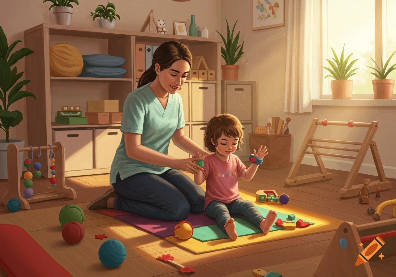 A woman kneels beside a child playing with colorful toys on a mat in a bright, sunlit room, suggesting occupational therapy.