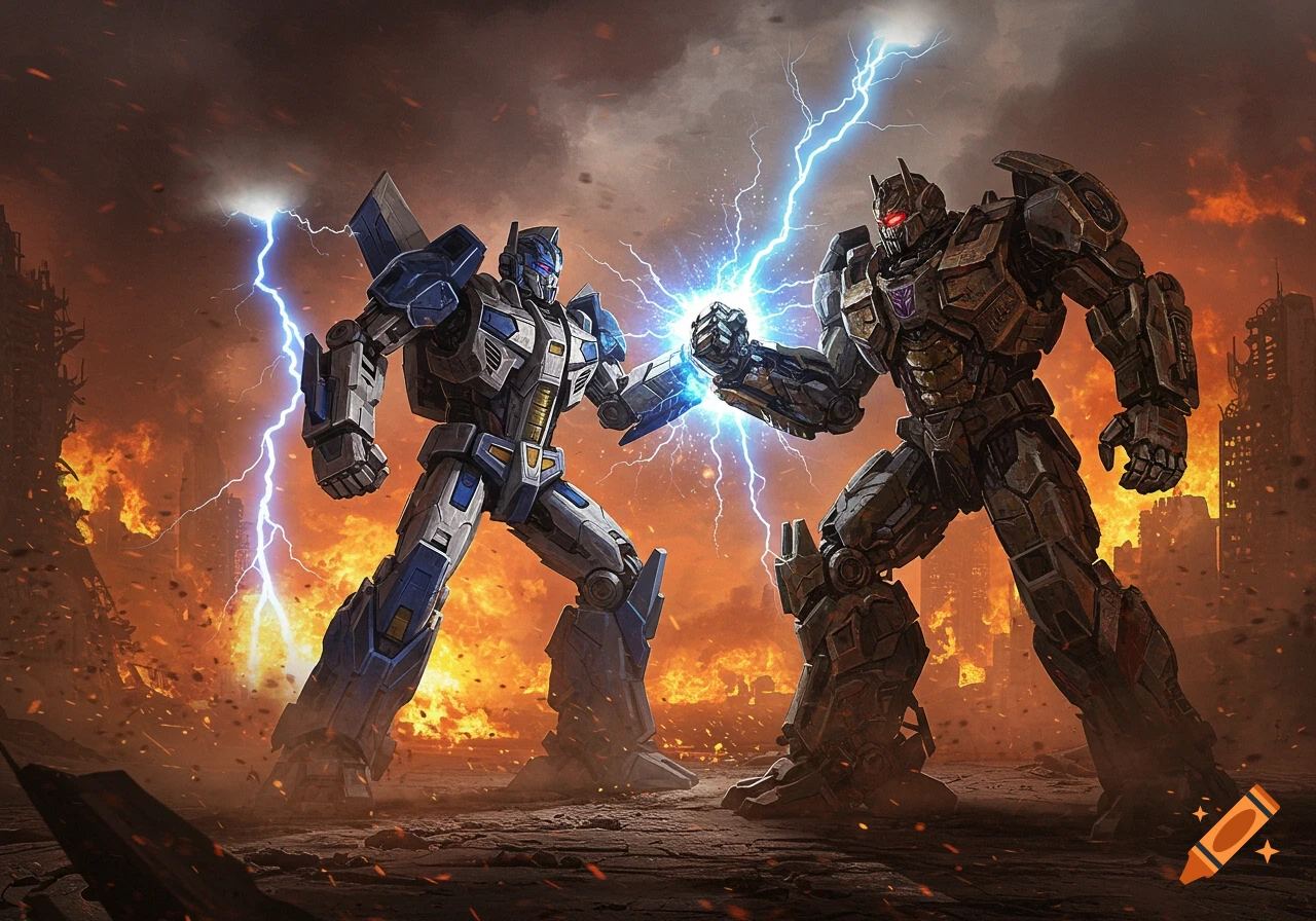Two Transformers-like robots, one blue and white, one dark grey, punch each other amidst lightning in a burning, ruined city, epic art style.