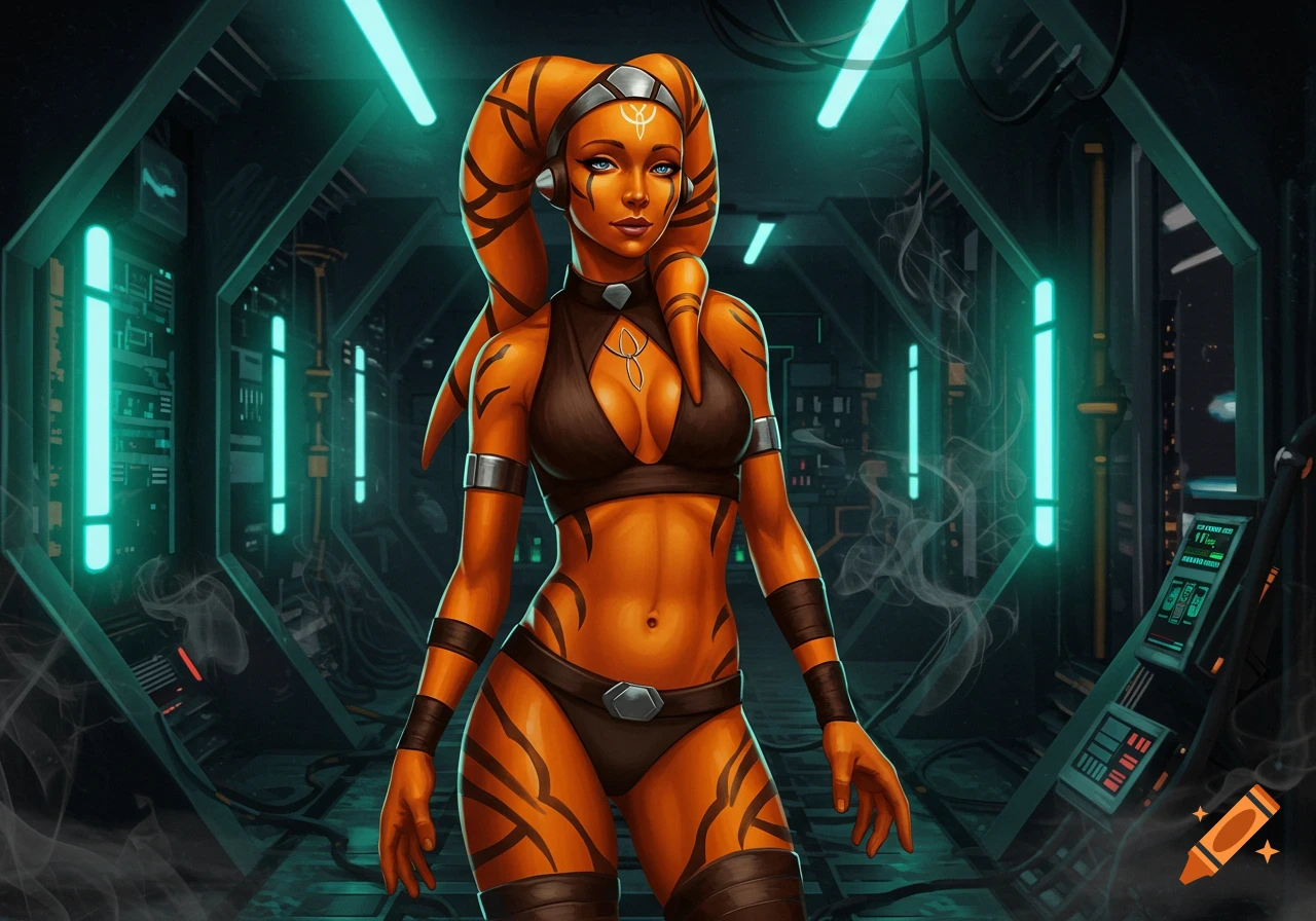 A vibrant digital art portrait of an orange-skinned Twi'lek woman with black stripes, wearing a dark outfit, in a neon-lit spaceship.