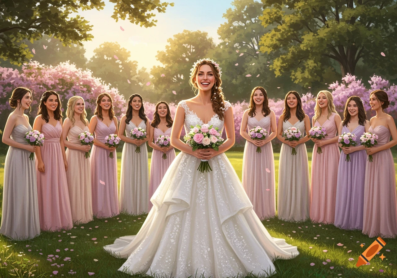 A smiling bride in a white gown stands with her many bridesmaids in pastel dresses, holding bouquets in a sunny garden with pink flowers.