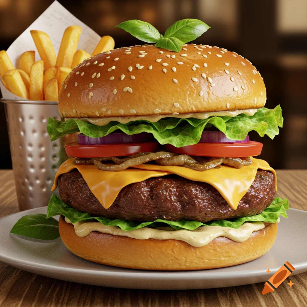 Close-up, photorealistic cheeseburger with lettuce, tomato, onion, and fries in a cup on a wooden table.