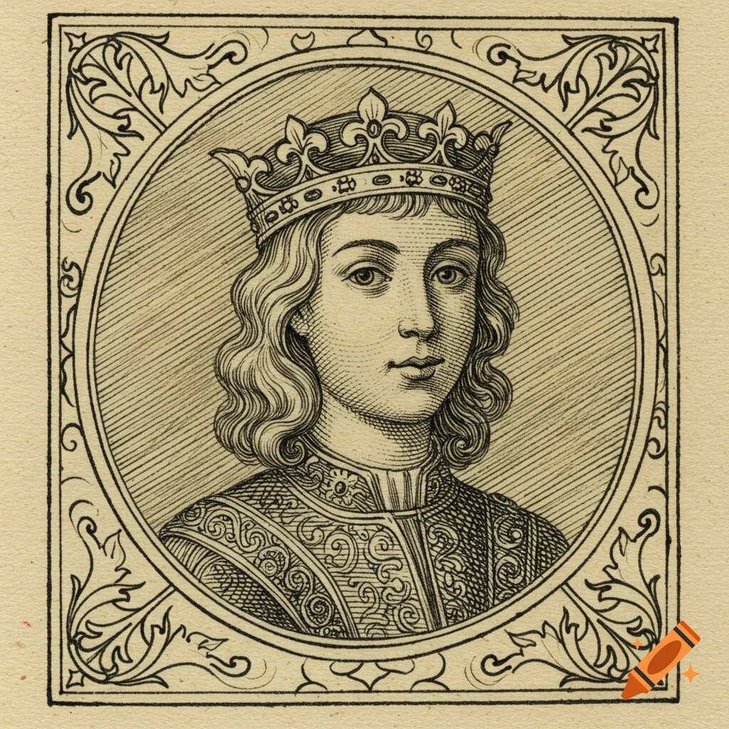 An ornate, sepia-toned historical illustration of a youthful king wearing a crown, framed by decorative borders.