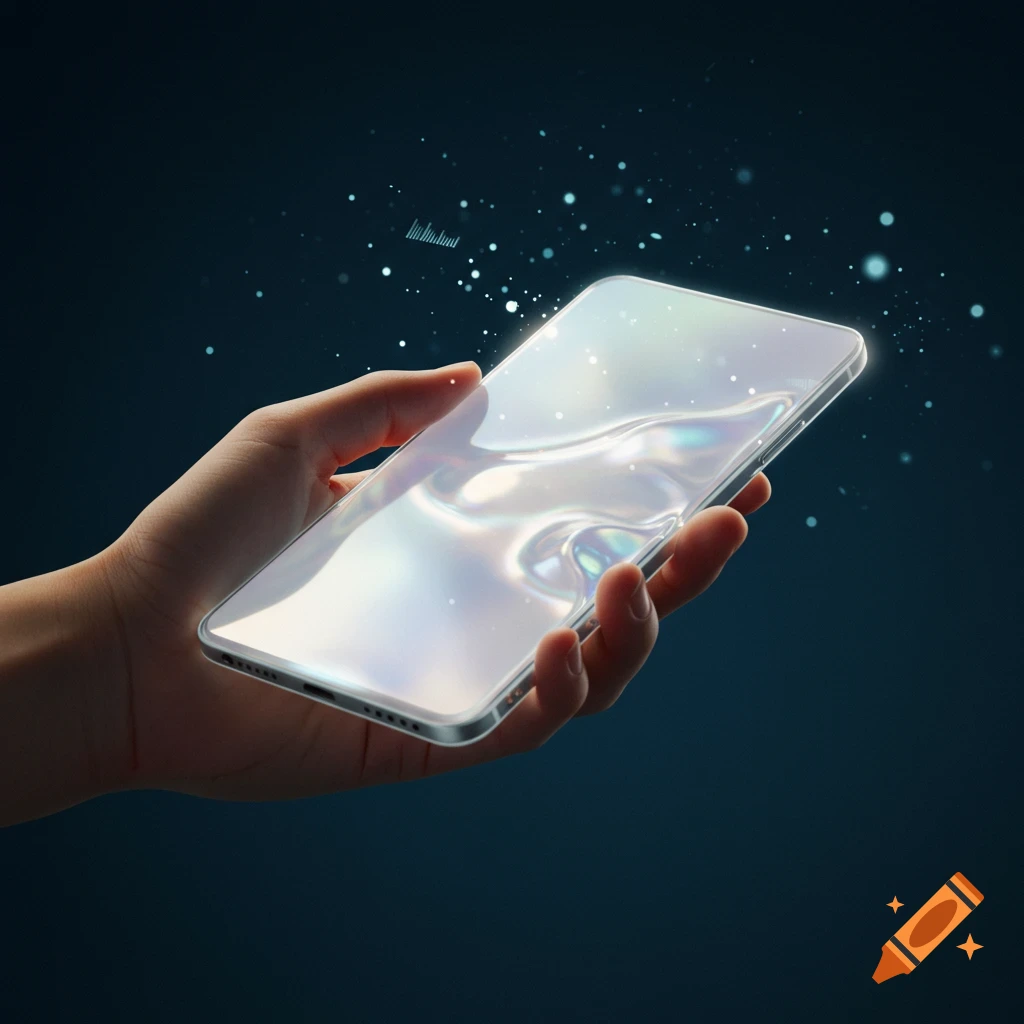 A hand holds a futuristic smartphone with a liquid-like, reflective screen against a dark, sparkling background.