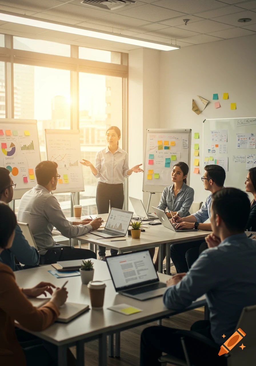 A woman presents to a group of diverse professionals in a bright modern office meeting room with whiteboards and laptops.