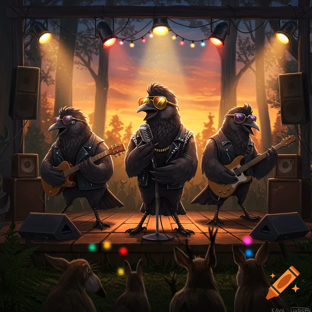 Three anthropomorphic rock star crows perform on a stage in a forest at sunset, with a small audience.