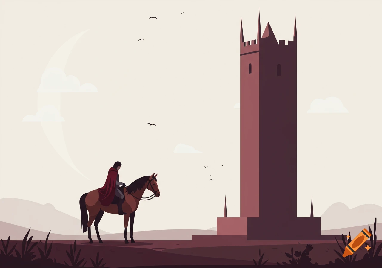 A minimalist illustration of a person in a red cape on a horse facing a tall, dark red tower under a pale sky with a crescent moon.