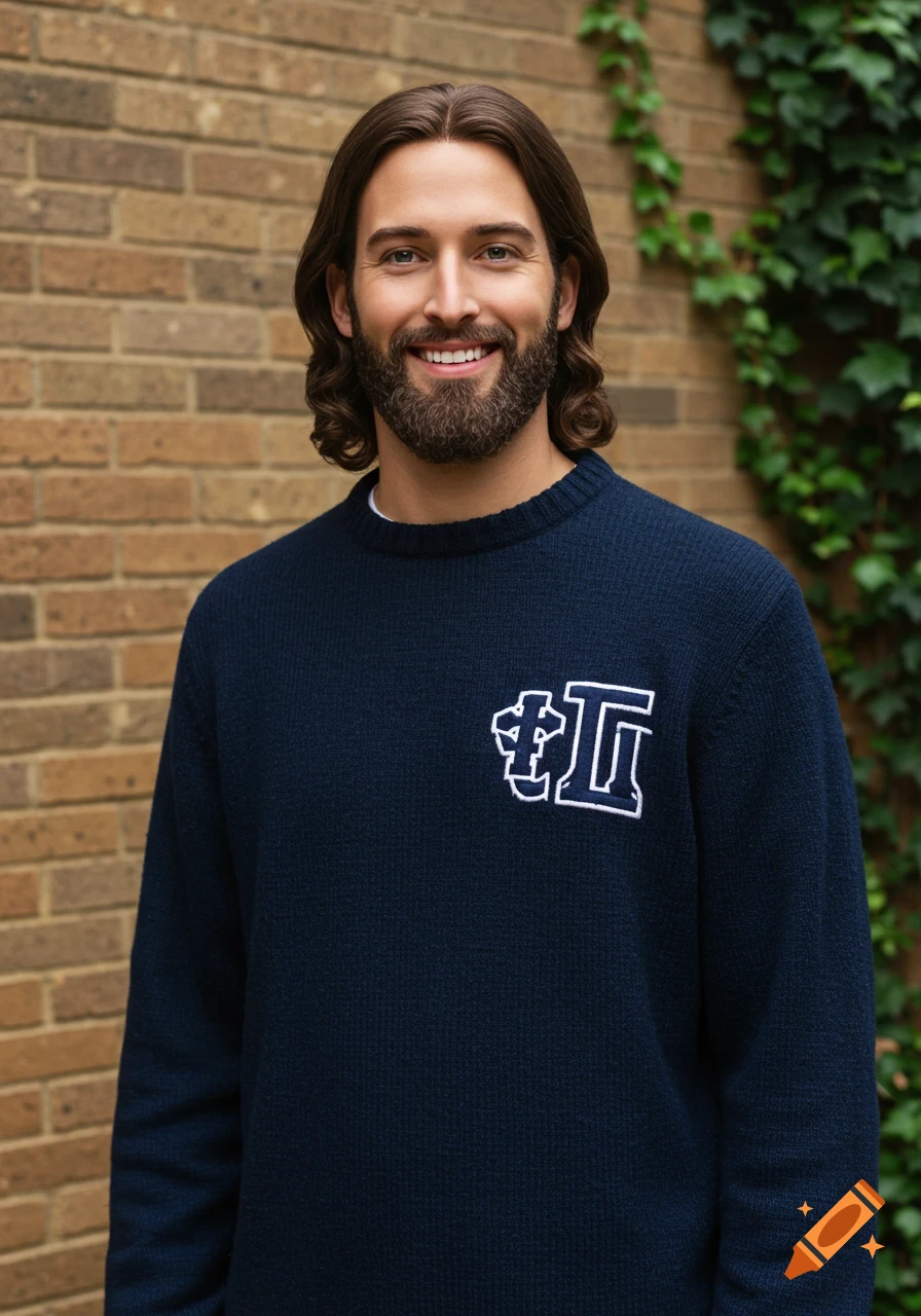 Photorealistic portrait of a smiling man with long brown hair and a beard, resembling Jesus, in a dark blue sweater, by a brick wall with ivy.