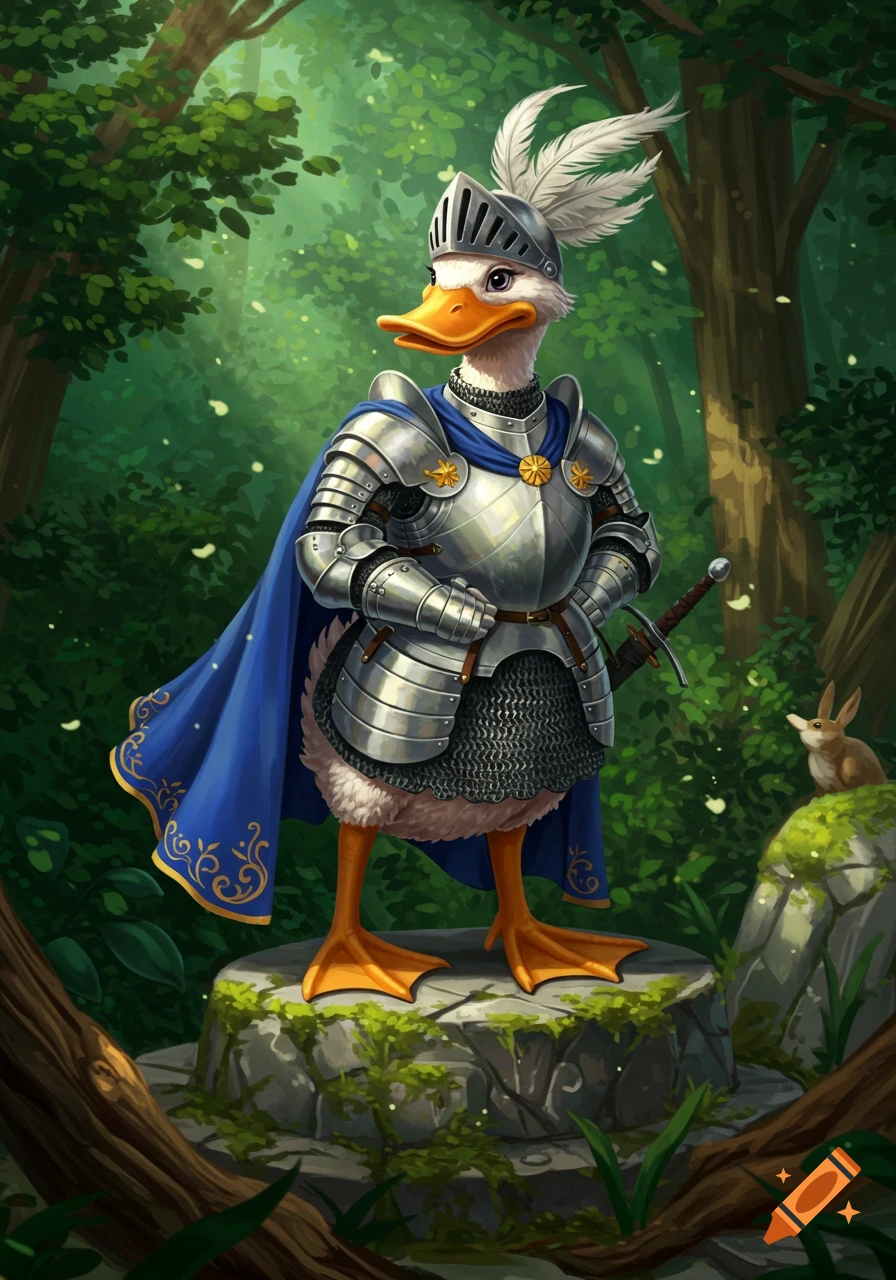 A proud duck knight in gleaming silver armor and a blue cape stands on a mossy stone in a lush green forest, a sword on its back.