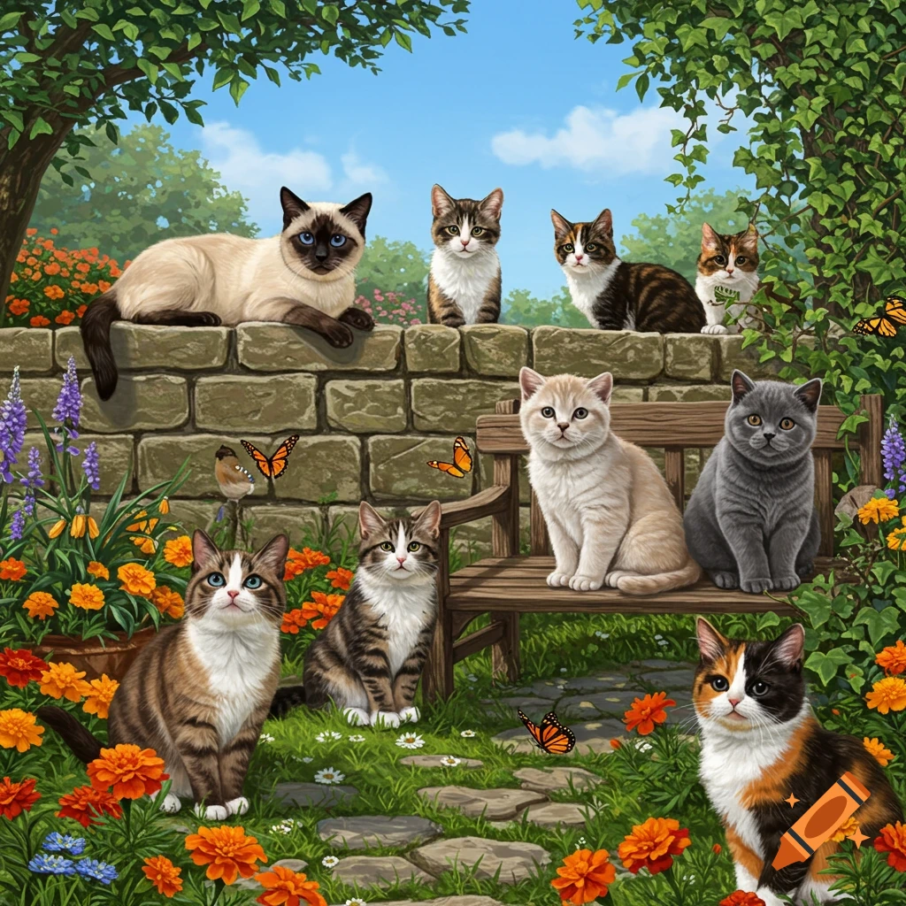 Eight cats of various breeds, including Siamese, tabbies, and calico, relax in a vibrant, sunlit garden filled with flowers and butterflies.