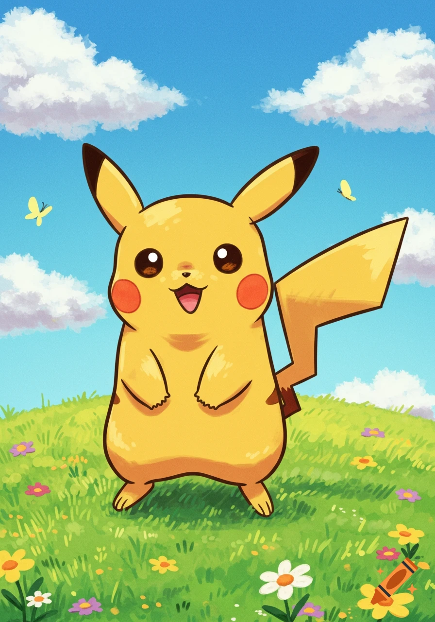 A cute, smiling Pikachu stands in a vibrant green field under a blue sky with fluffy clouds and butterflies in a cartoon style.