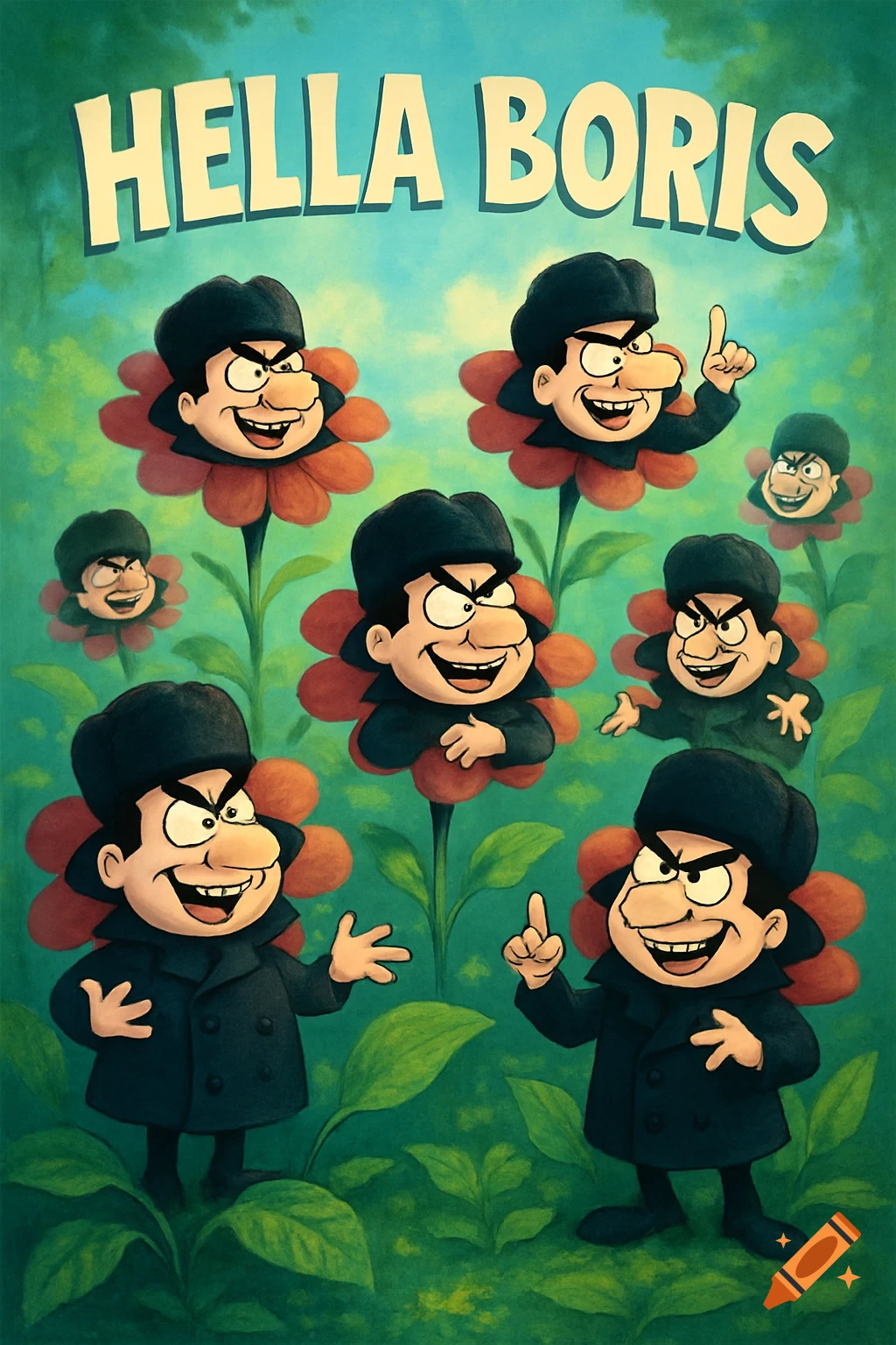 A whimsical cartoon image shows many instances of Boris Badenov from Rocky and Bullwinkle, depicted as flowers in a green garden. The title 'HELLA BORIS' is at the top.