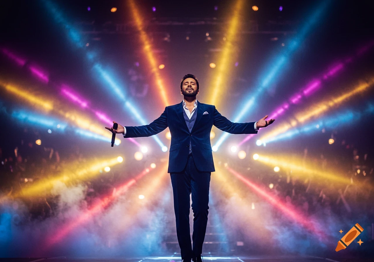 A man in a blue suit on stage with arms outstretched, holding a microphone, under dramatic colorful spotlights and smoke.