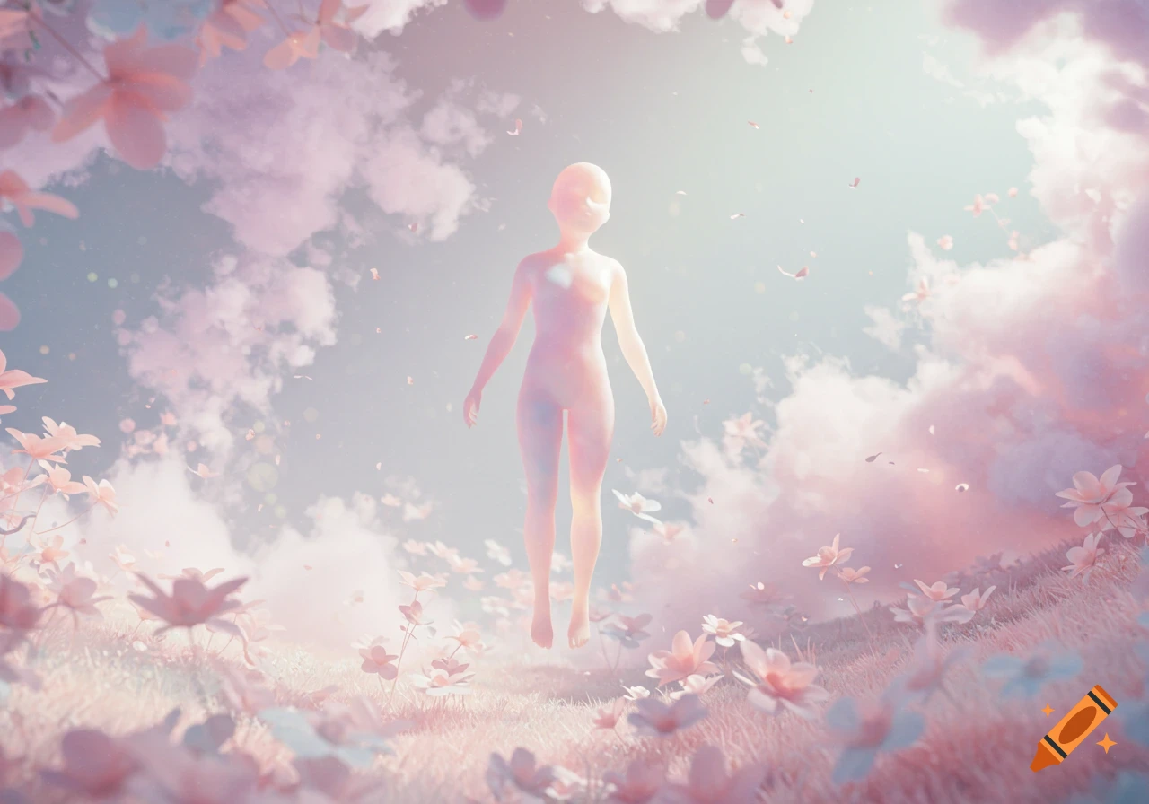 A translucent, glowing human-like figure floats among pastel pink clouds and flowers in a dreamlike, ethereal landscape.