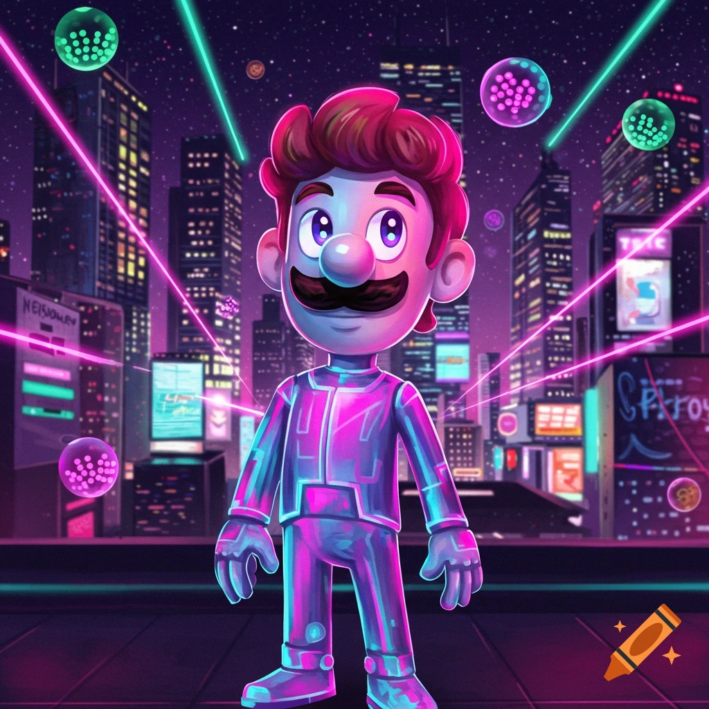 A Mario-like character in a neon-lit, futuristic city at night, with glowing pink and green lasers and orbs.