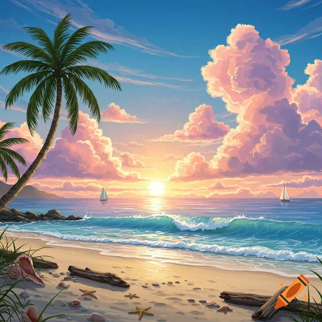 Stylized tropical beach at sunset with pink clouds, a palm tree, ocean waves, and two sailboats.