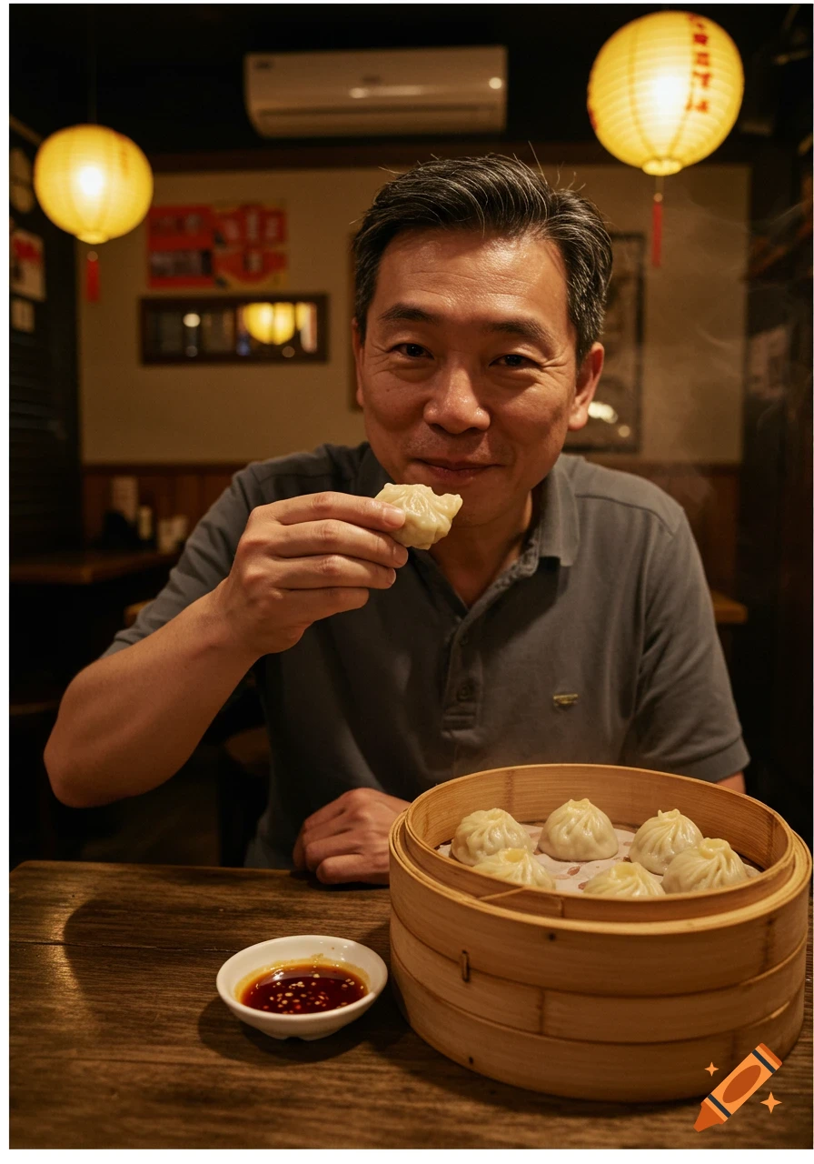 A smiling man holds a dumpling, with a steamer basket of dumplings and dipping sauce on a wooden table in a dimly lit restaurant.