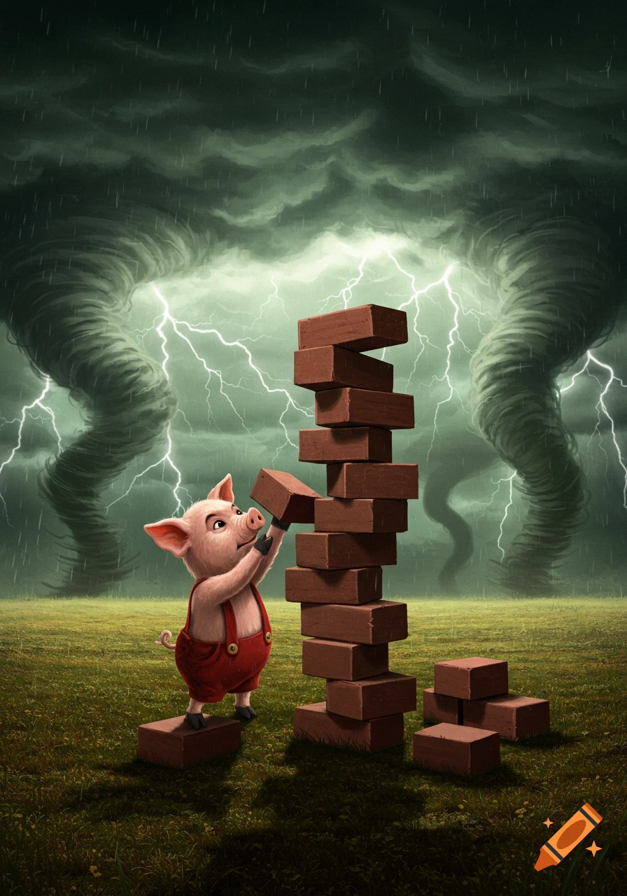 A determined cartoon pig in red overalls builds a precarious brick tower as multiple tornadoes and lightning rage in the stormy background.