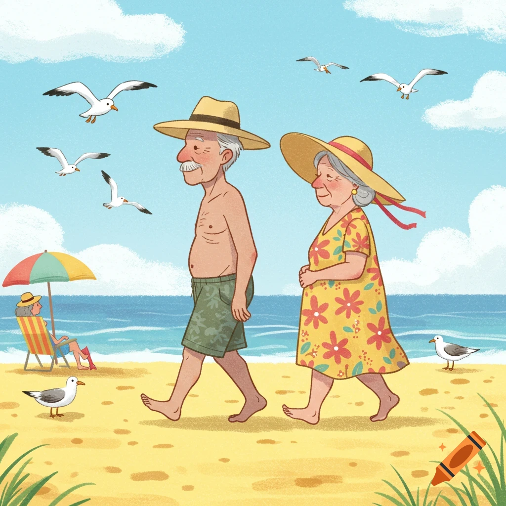 Cartoon illustration of an elderly man and woman in sun hats walking barefoot on a sunny beach with seagulls flying and the ocean in the background.