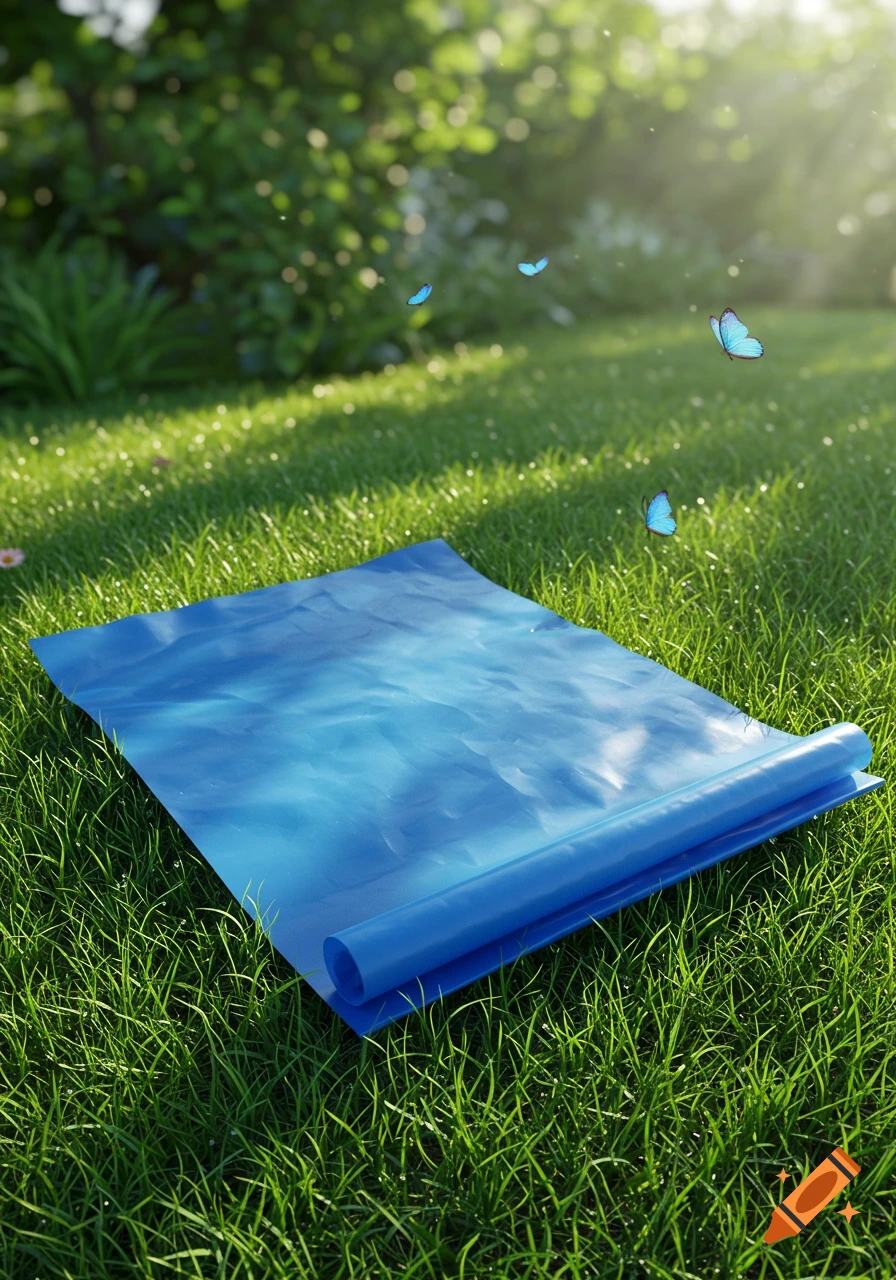A photorealistic blue plastic sheet unrolled on bright green grass, with blue butterflies flying around it in sunlight.