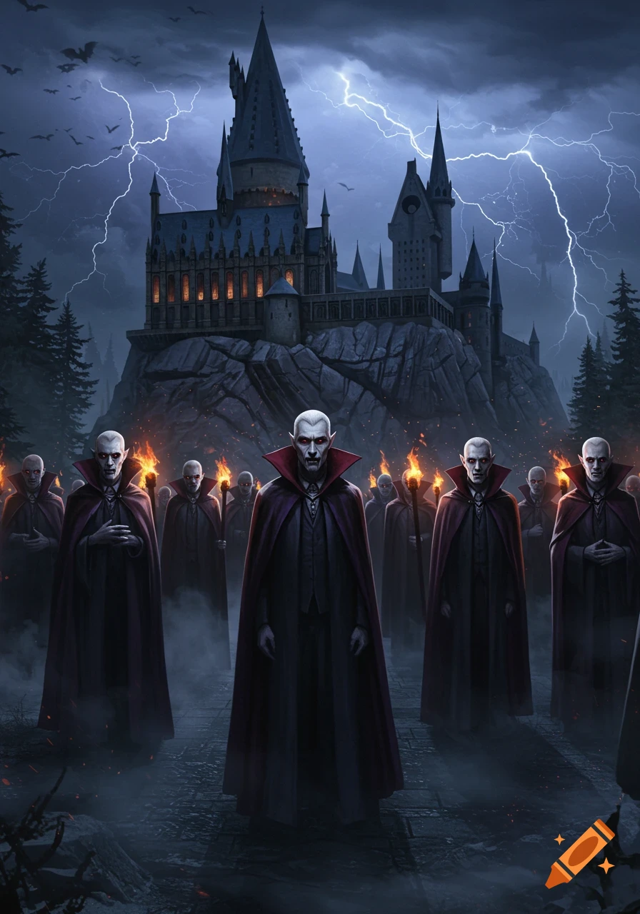 A menacing vampire army stands before Hogwarts castle on a stormy, lightning-filled night. Dark fantasy illustration.