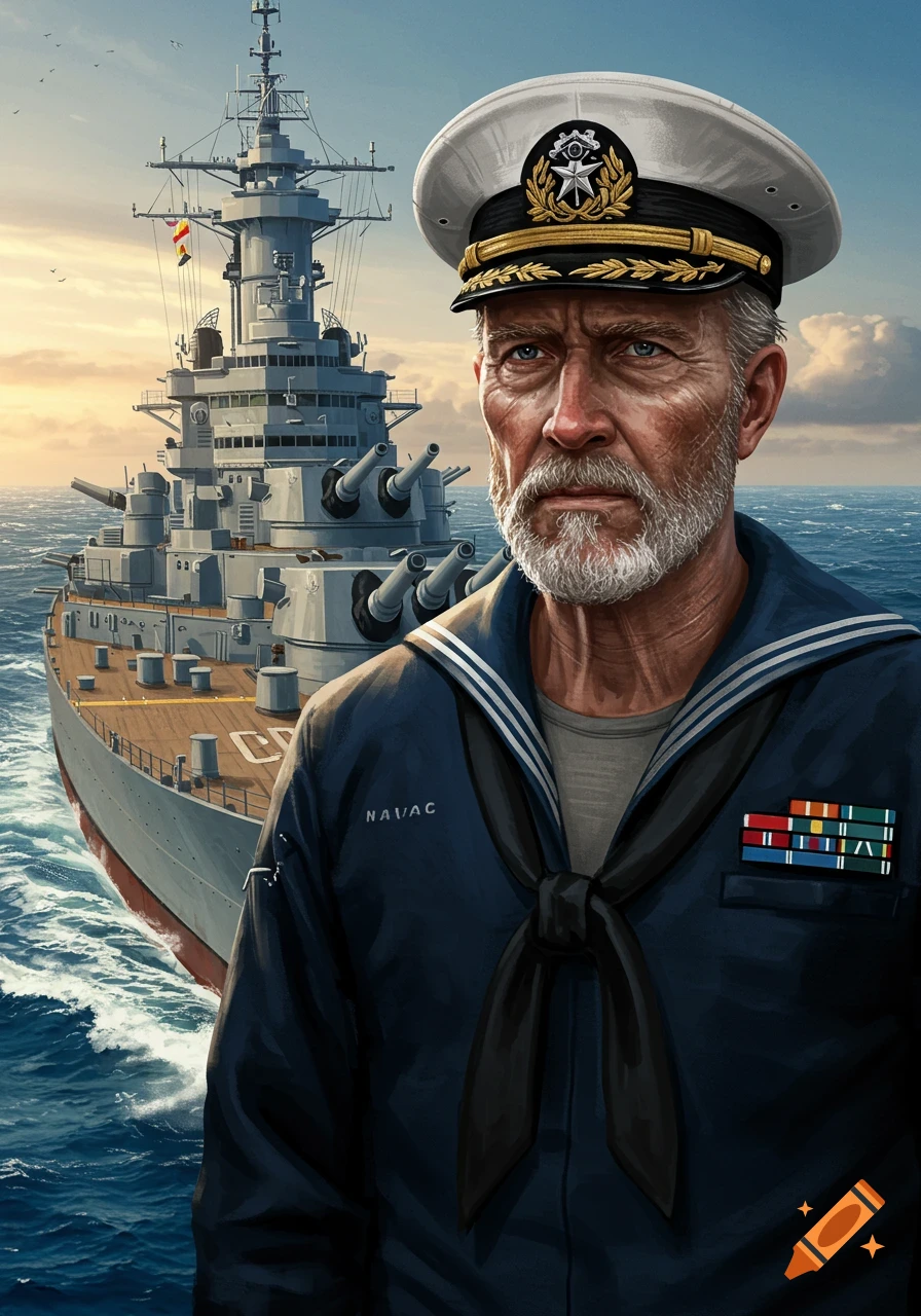 An older, bearded navy captain in uniform with medals stands in front of a battleship at sea.